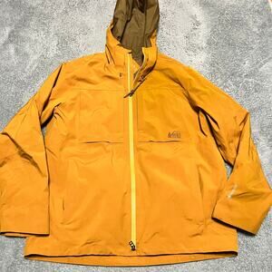 REI Coop Rain Coat Mens XL Goretex Long Vented Hooded Yellow Jacket Hiking Gorp